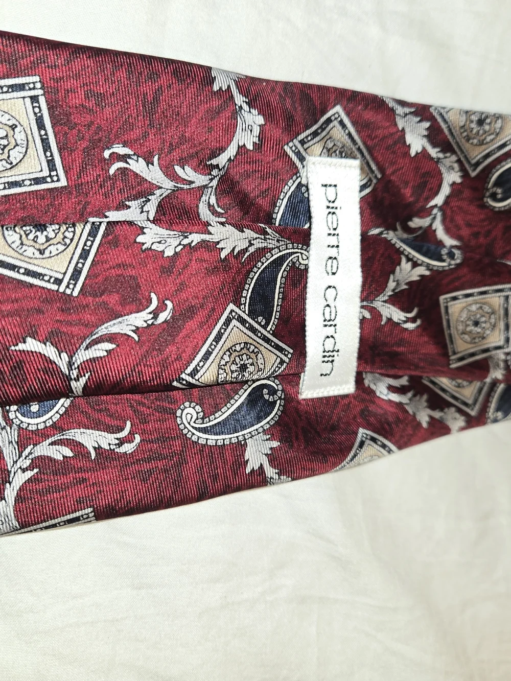 : Vintage Pierre Cardin 100% Silk Tie Burgundy Green Khaki Cream Geometric 59